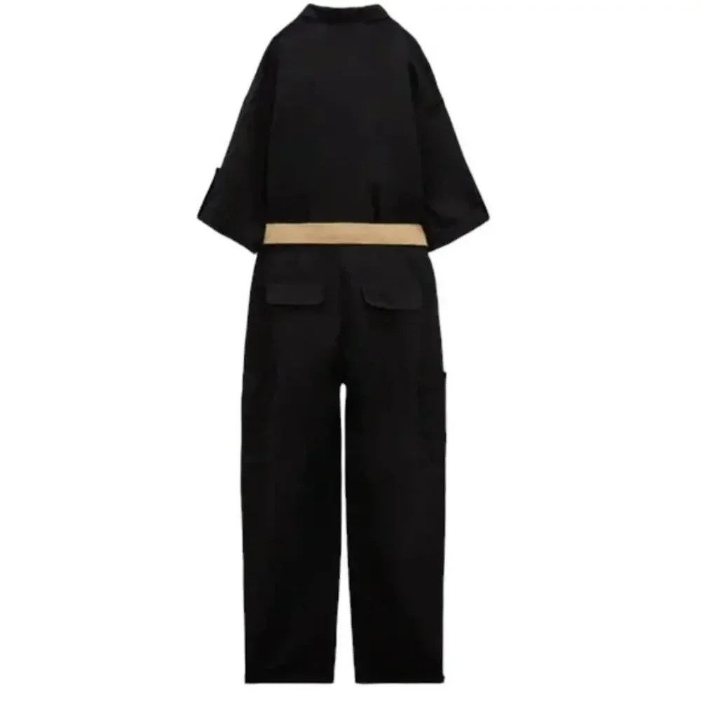 NWT ZARA Linen Blend Belted Coverall Jumpsuit in Black SZ S